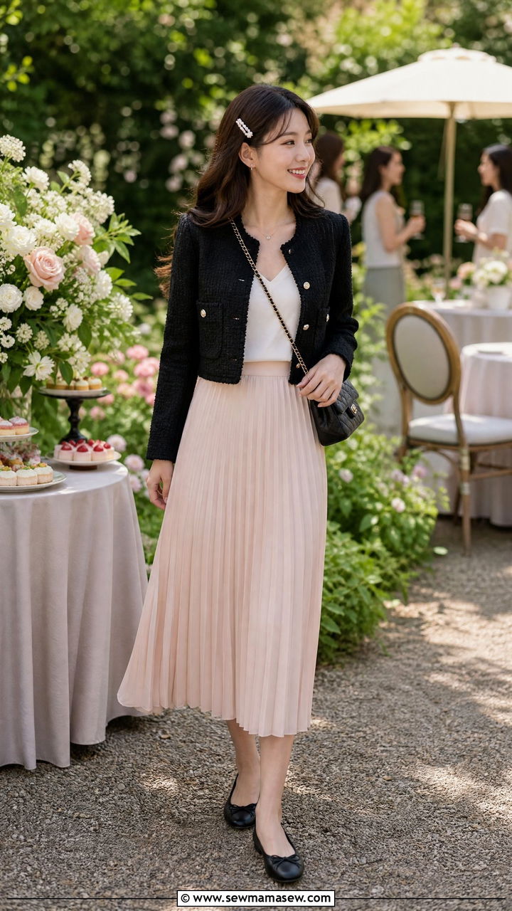Cropped Tweed Jacket with a Pleated Midi Skirt and Ballet Flats - 35 jacket outfits ideas