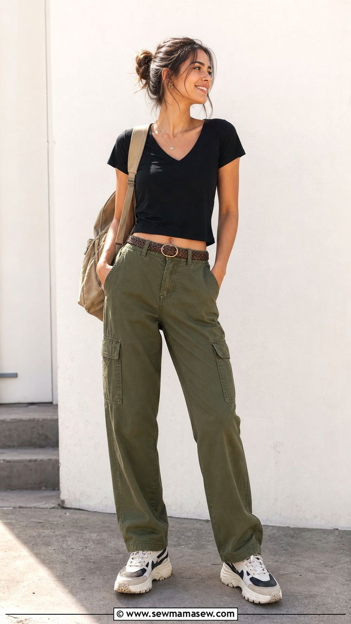 Cropped V Neck Tee and High Waist Cargo Pants - 25 summer outfits for long torso women
