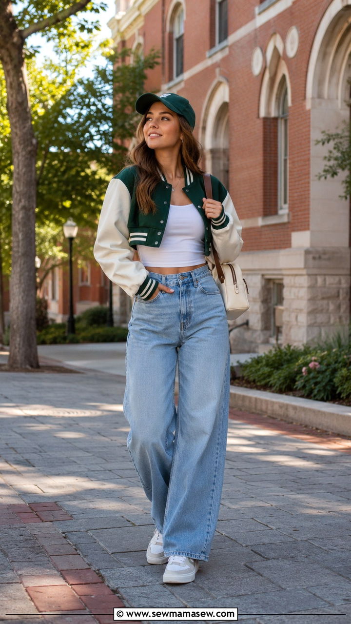 Cropped Varsity Jacket With High Waisted Jeans And Sneakers - 25 Preppy outfit ideas for college