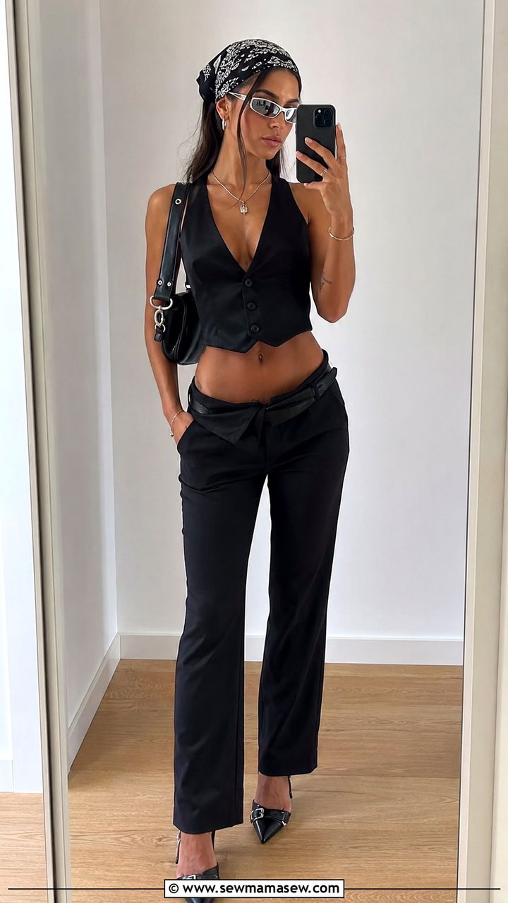 Cropped Vest and Low Slung Trousers with Bandana - 20 Zoe Kravitz summer outfit ideas