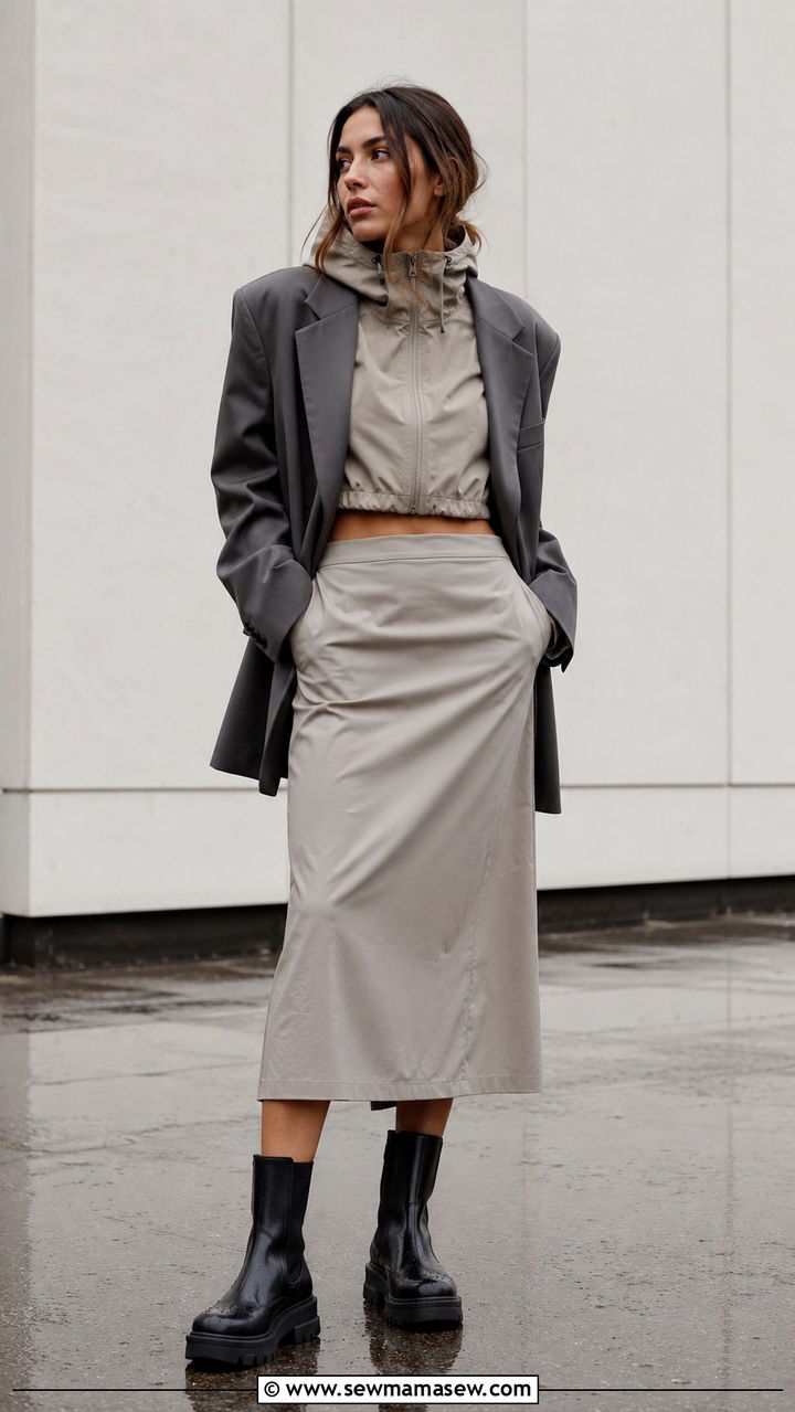 Cropped Waterproof Jacket Layered Under an Oversized Blazer - 30 transitional rainy day outfit ideas