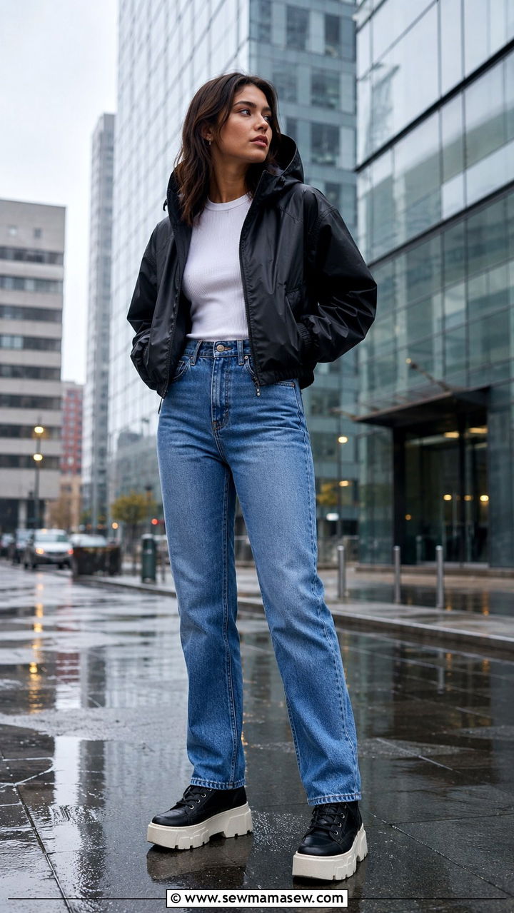 Cropped Waterproof Jacket With High Waist Jeans - 30 rainy day outfits casual