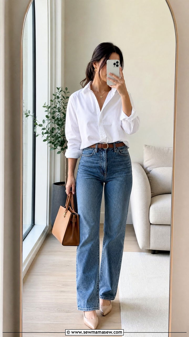 Cropped White Button Down with High Rise Straight Leg Jeans - 30 Clean girl outfits for petite women