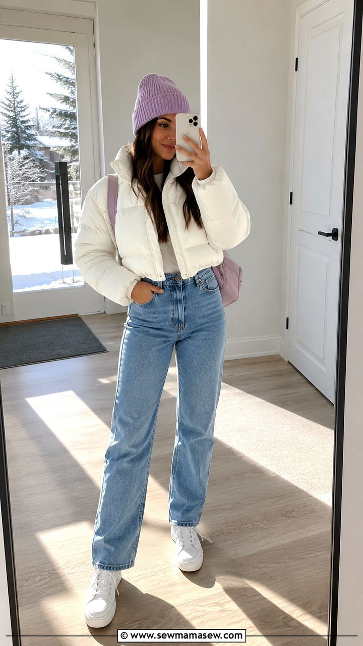 Cropped White Puffer With High Waisted Jeans And Pastel Beanie - 25 Puffer jacket outfit ideas cute