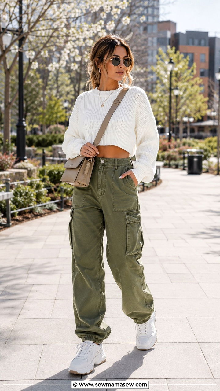 Cropped White Sweater With Olive Cargo Pants - 30 spring midsize outfit ideas