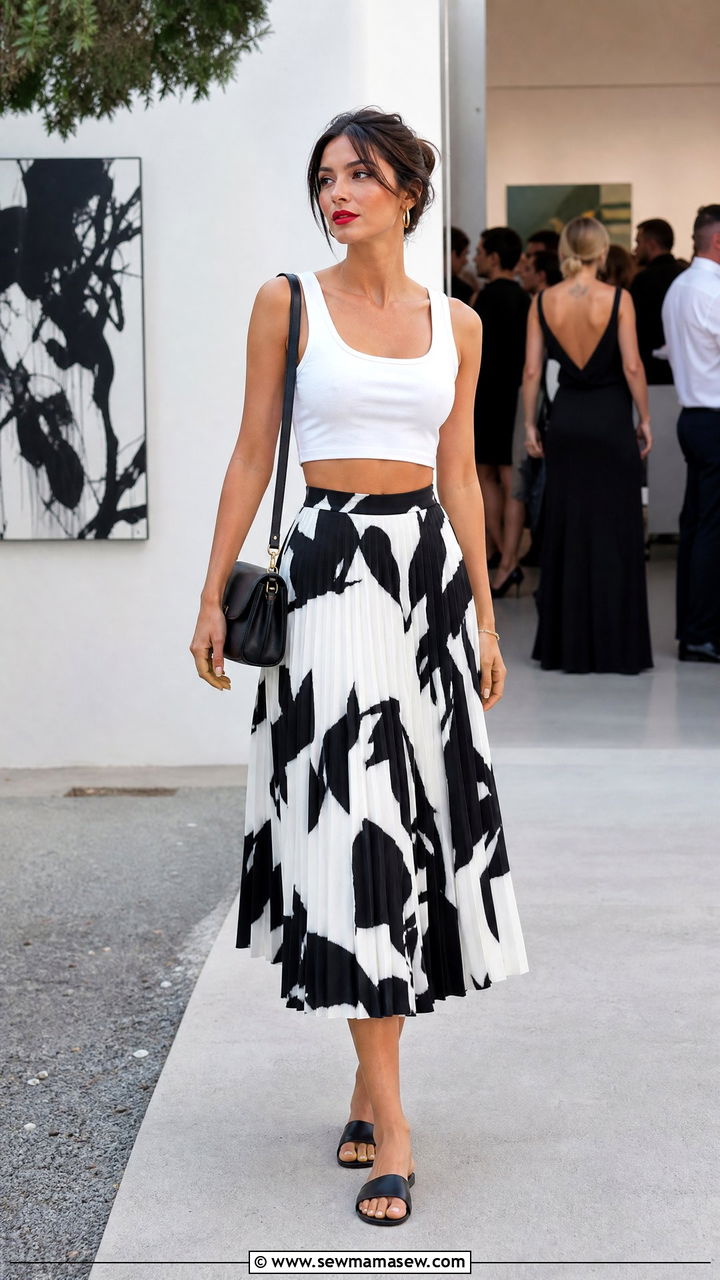 Cropped White Tank With Black And White Print Pleated Skirt - 35 hot weather outfits inspo