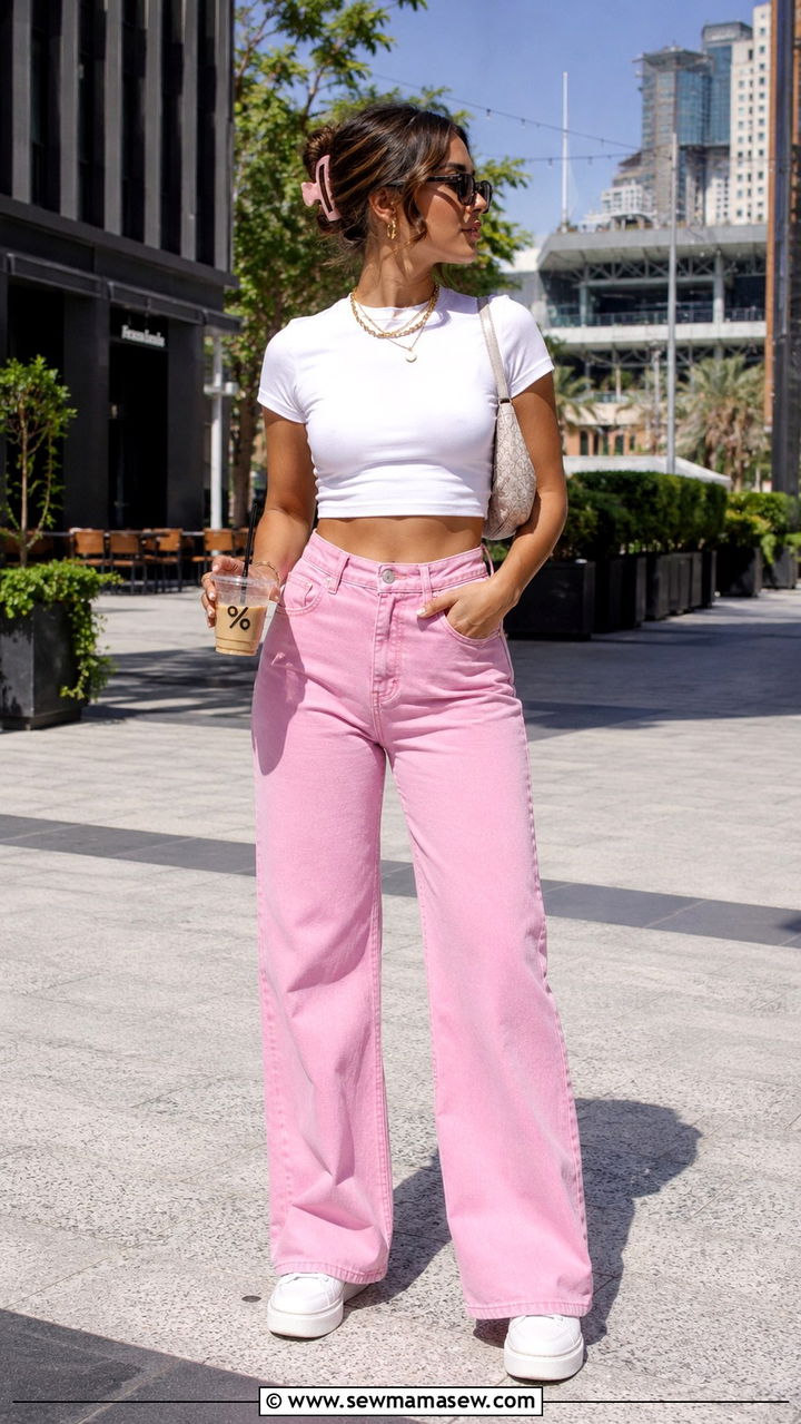Cropped White Tee With High Rise Pink Jeans and Platform Sneakers - 30 Pink jeans outfit ideas