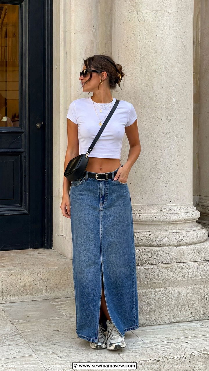 Cropped White Tee with Long Denim Maxi Skirt and Black Belt - 35 denim skirt outfits ideas