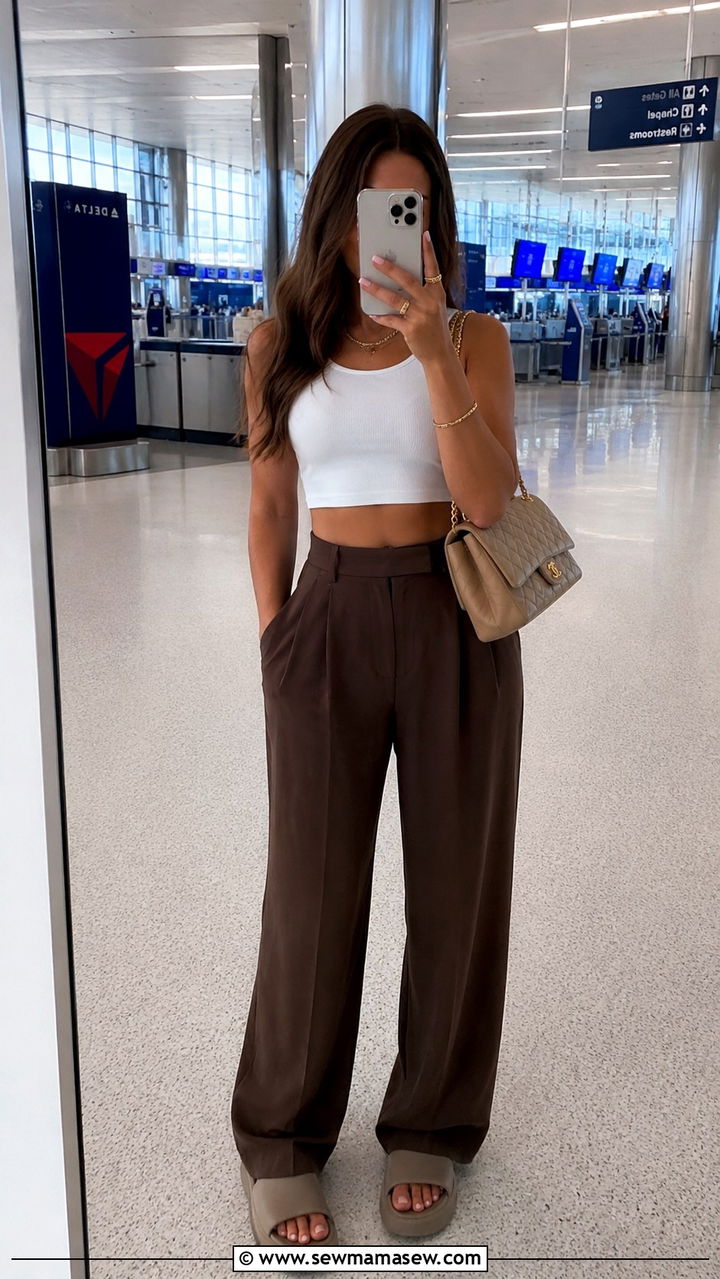 Cropped White Top With High Waist Trousers and Slides - 25 Airport outfit ideas for economy