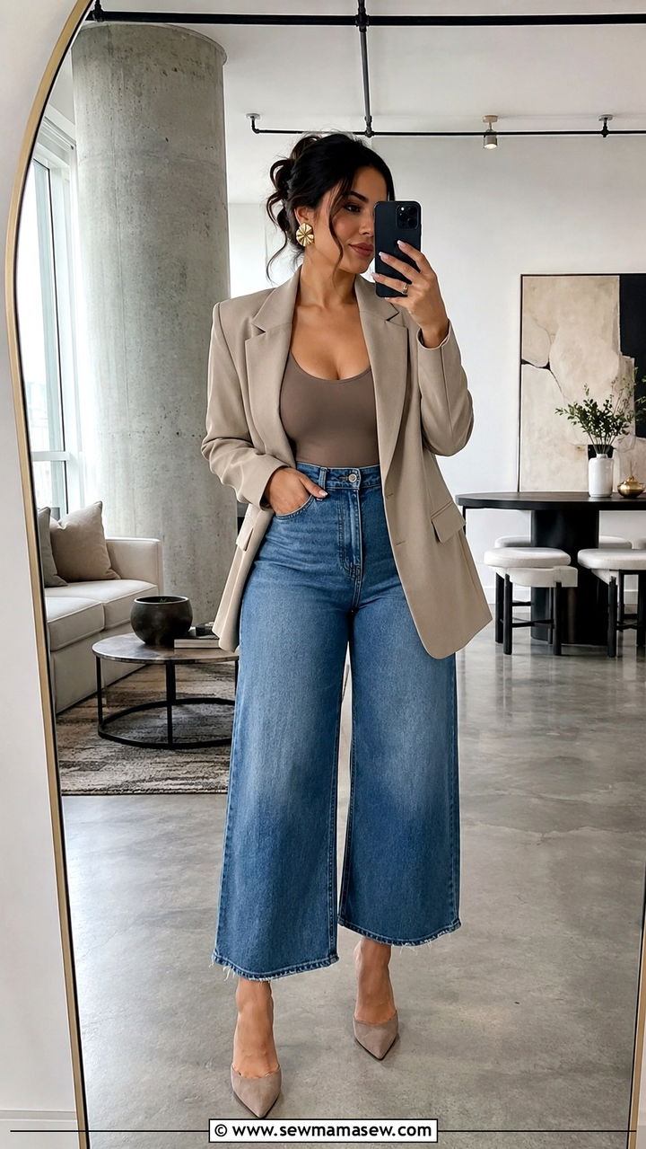 Cropped Wide Leg Jeans And Structured Blazer Outfit - 30 Petite curvy outfit ideas