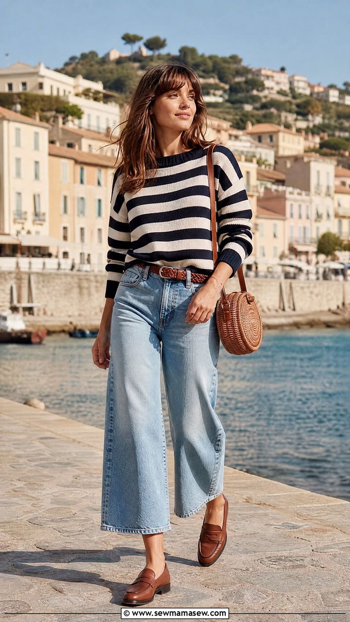Cropped Wide Leg Jeans With A Striped Sweater And Loafers - 30 French girl outfit ideas with loafers