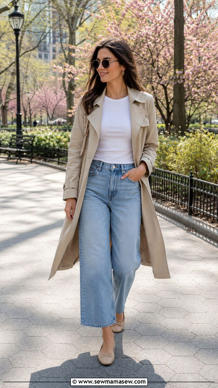 Cropped Wide Leg Jeans With Ballet Flats and Trench Coat - 30 Early spring outfits