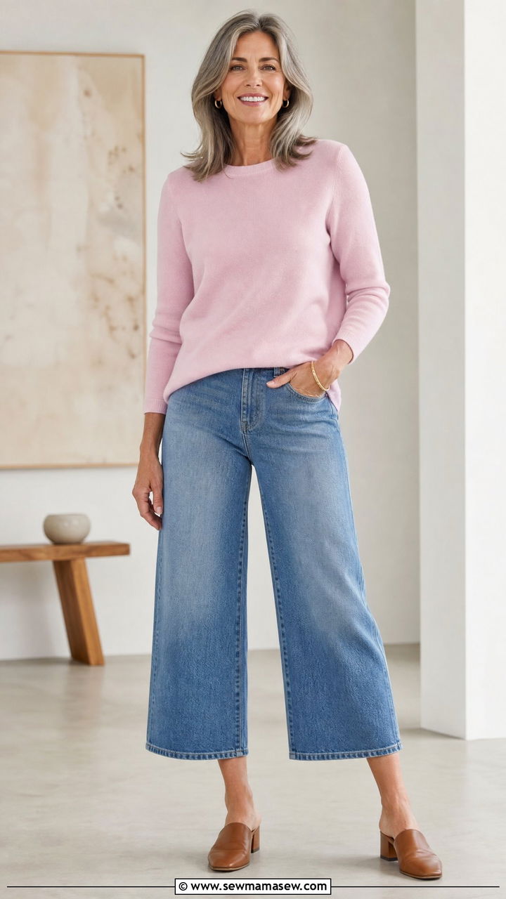 Cropped Wide Leg Jeans With Cashmere Crewneck And Mules - 35 Jeans outfit ideas for women over 50