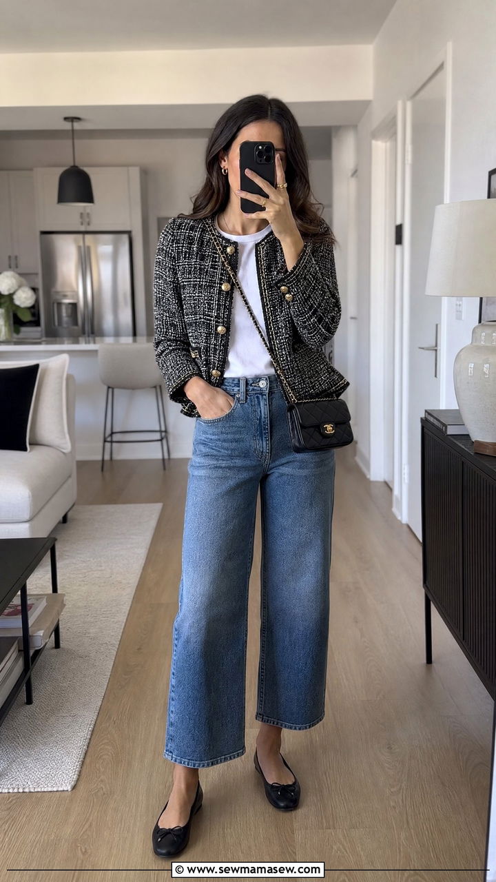 Cropped Wide Leg Jeans With Tweed Jacket and Ballet Flats for Work - 25 How to style wide leg jeans for work