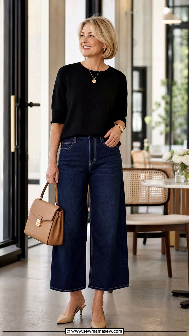 Cropped Wide Leg Jeans and Kitten Heels Outfit - 35 Jeans and heels outfit ideas over 50