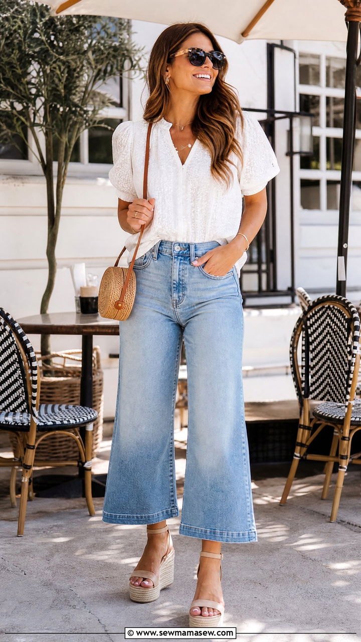 Cropped Wide Leg Jeans with Espadrille Wedges - 30 summer wide leg jeans outfit ideas