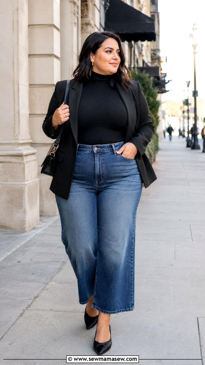 Cropped Wide Leg Jeans with Slim Fit Top - 25 Plus size outfit ideas for 16-18