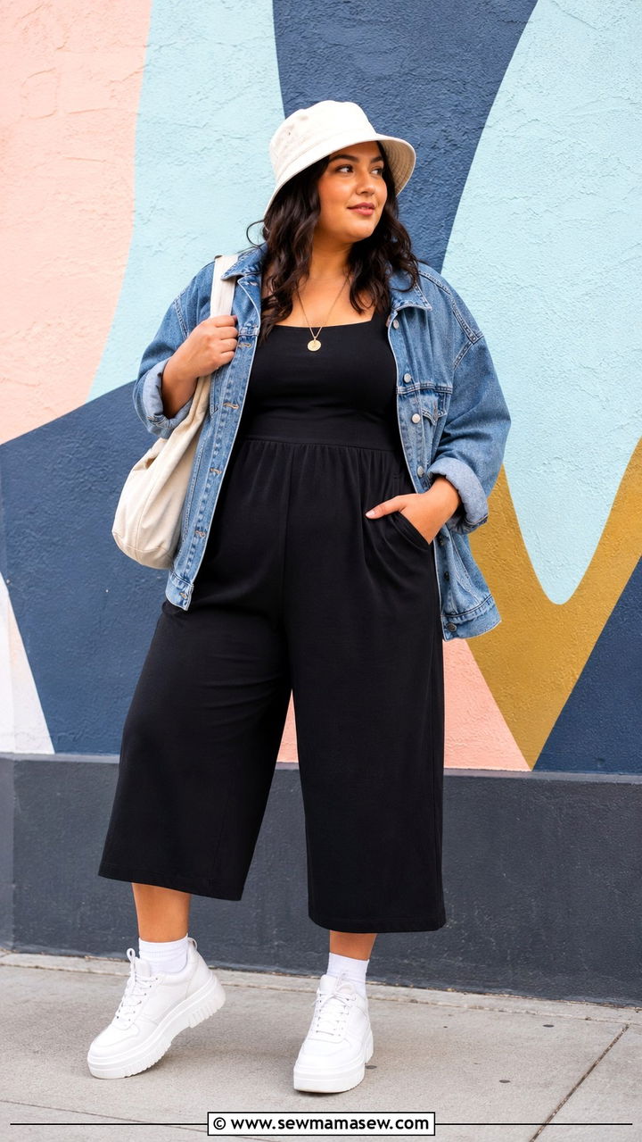 Cropped Wide Leg Jumpsuit With Denim Jacket And Platform Sneakers Petite Plus Size - 20 Petite plus size outfit ideas 18