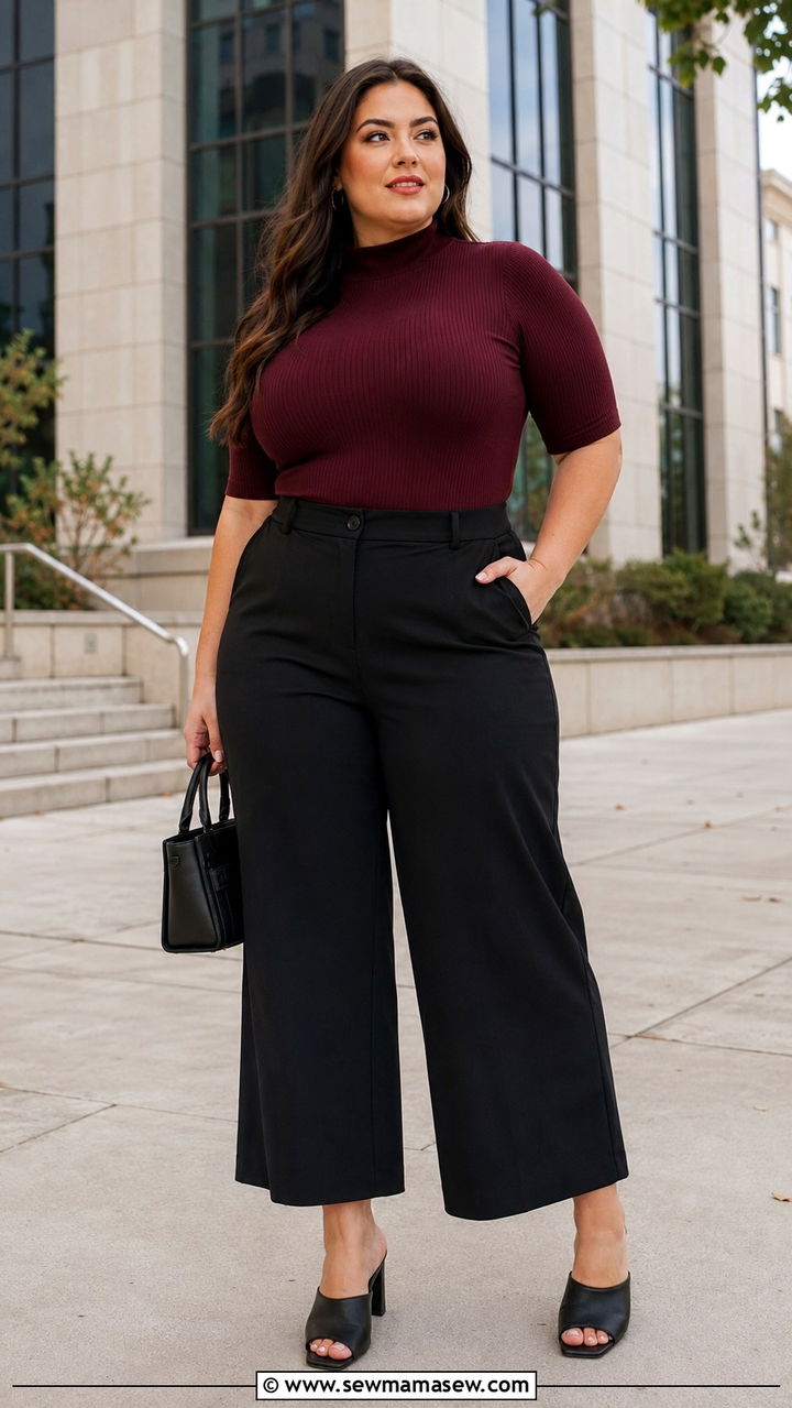 Cropped Wide Leg Pants With Fitted Mock Neck And Heeled Mules - 30 Plus size outfit ideas for college