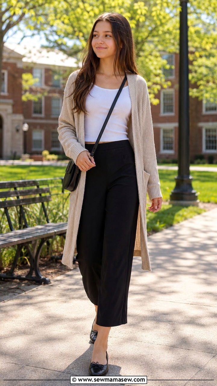 Cropped Wide Leg Pants With Long Cardigan Outfit - 30 Modest outfit ideas for teens