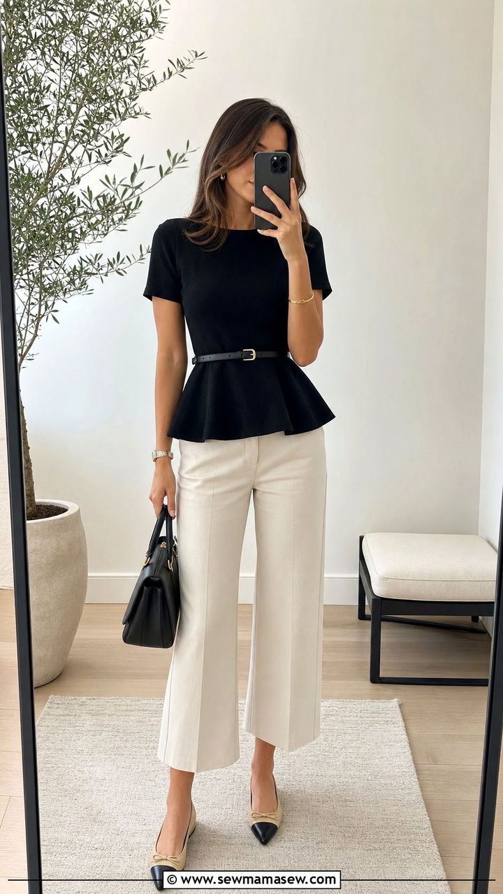 Cropped Wide Leg Pants With Peplum Top - 25 summer outfits for inverted triangle body
