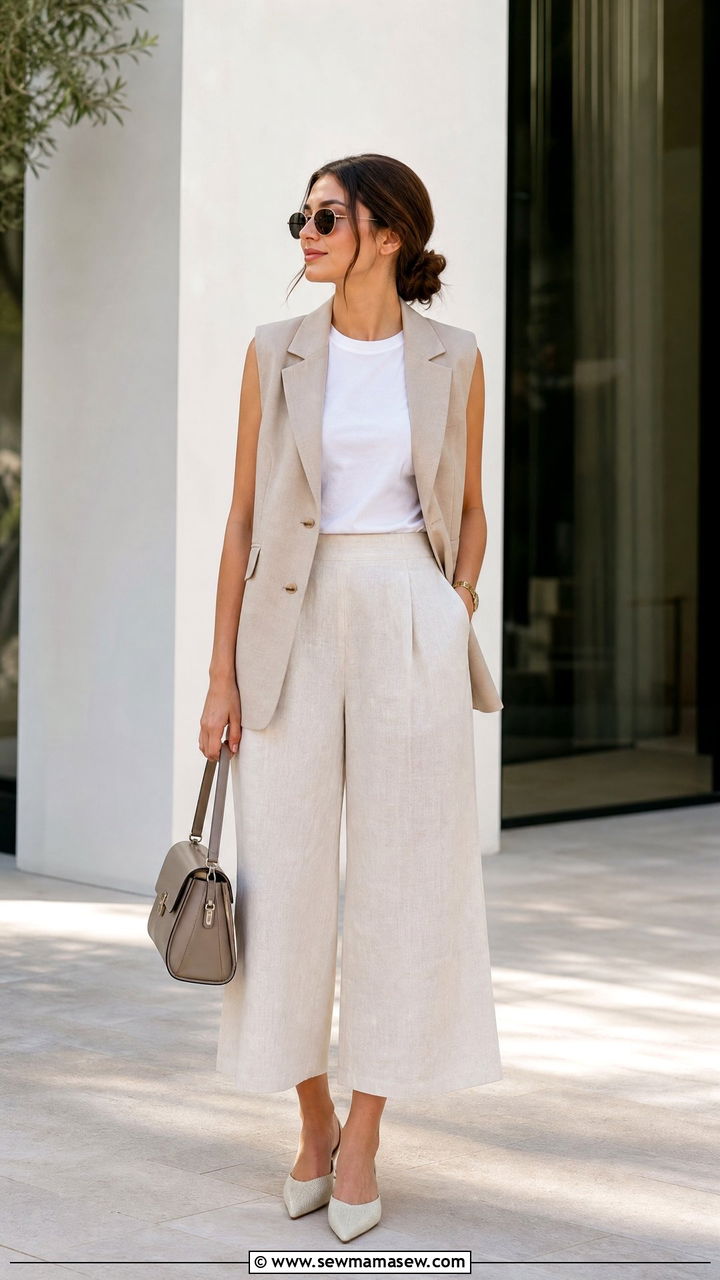 Cropped Wide Leg Pants With Sleeveless Blazer - 30 Summer capsule wardrobe modest
