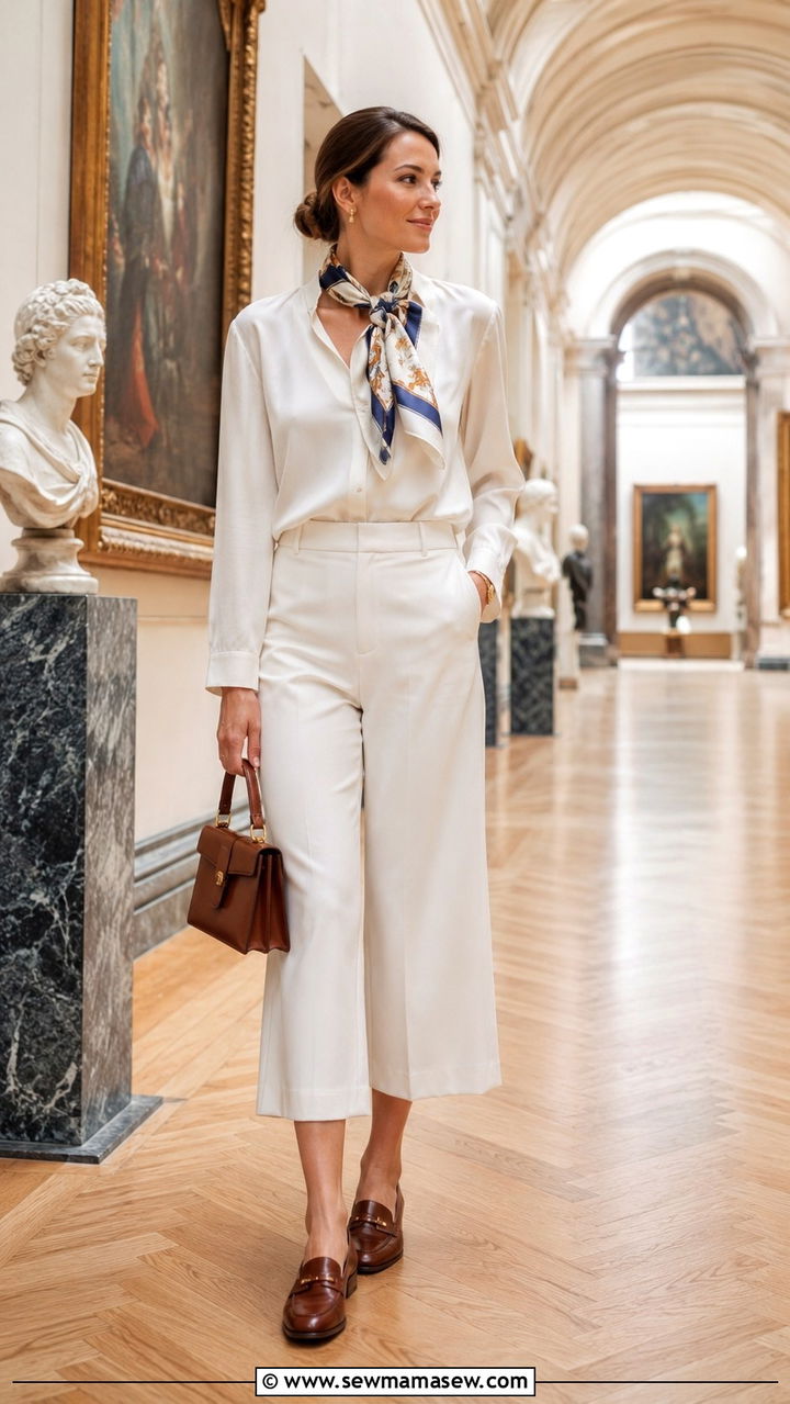 Cropped Wide Leg Pants With Tucked In Blouse And Loafers - 30 spring museum day outfit ideas