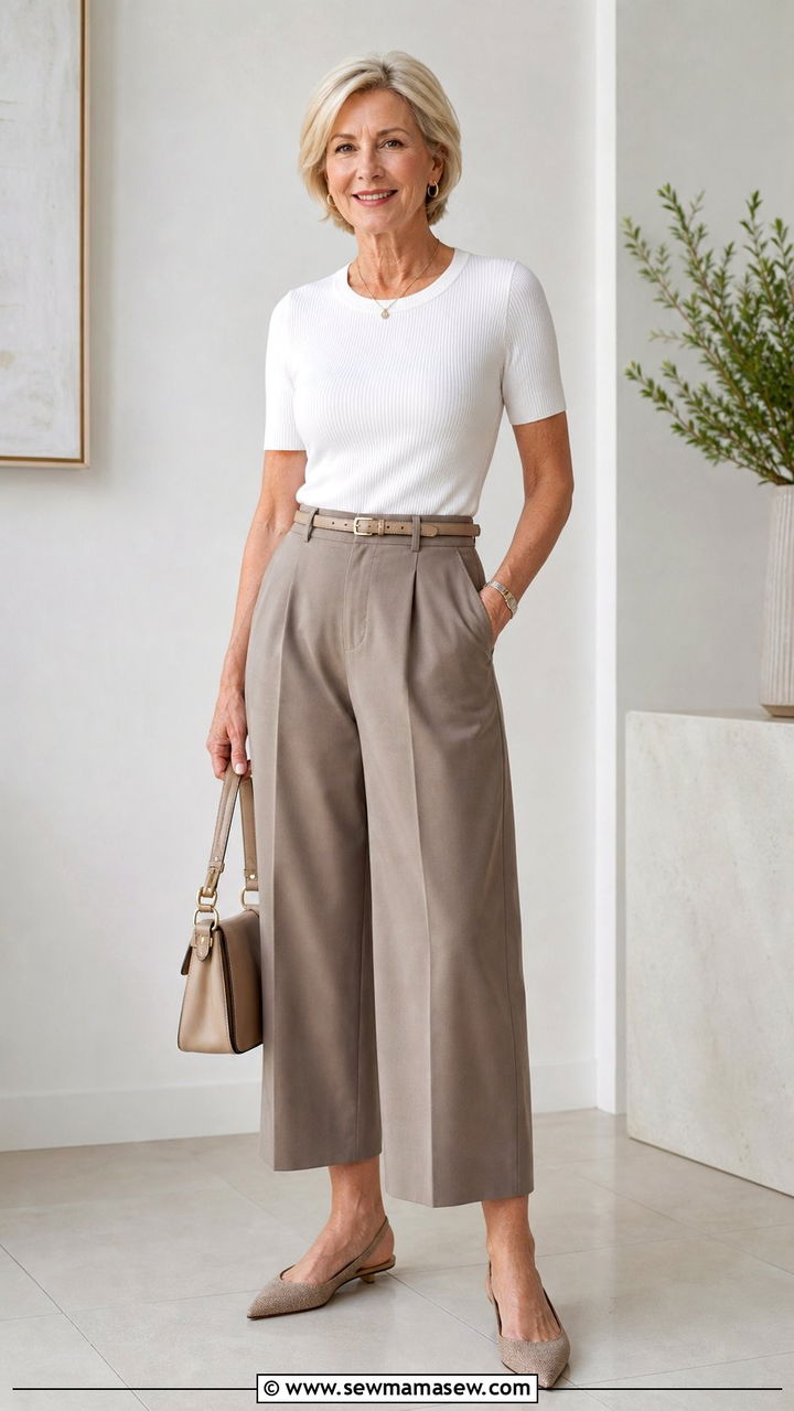 Cropped Wide Leg Pants With a Fitted Knit Tee - 25 Elevated casual outfit ideas for women over 60