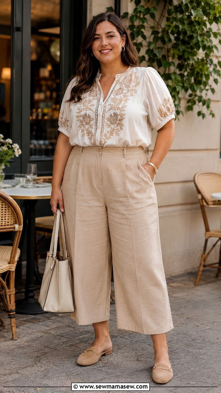 Cropped Wide Leg Pants and Blouse - 30 Plus size mom outfit ideas summer