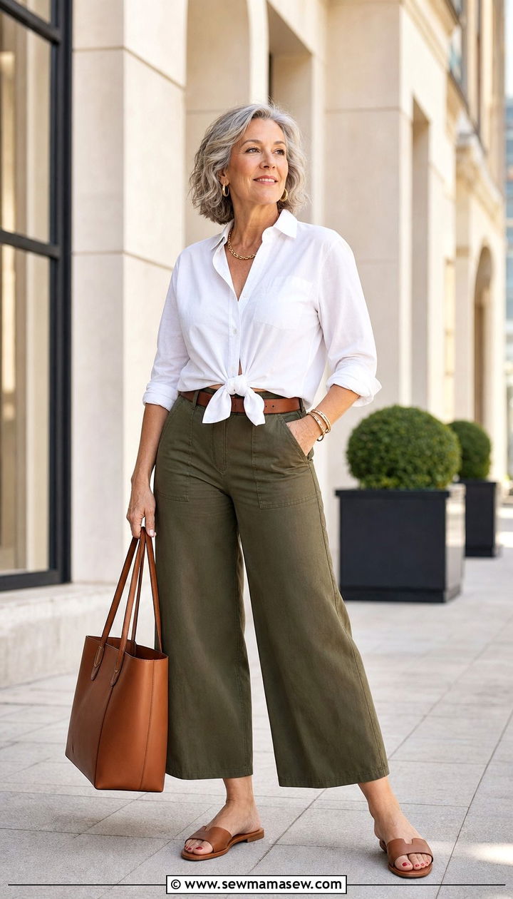 Cropped Wide Leg Pants with Button Up - 25 Curvy outfits for women over 50