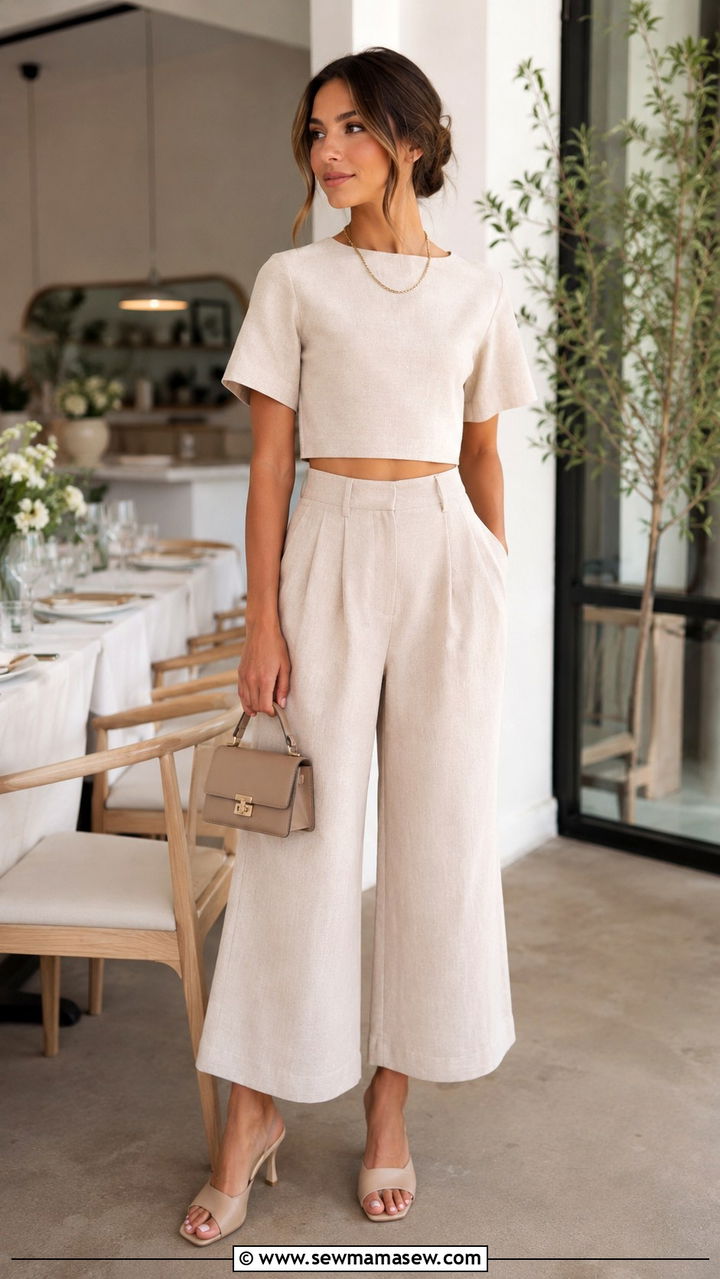Cropped Wide Leg Pants with Cropped Blouse and Heeled Mules - 30 Graduation party outfits for guests