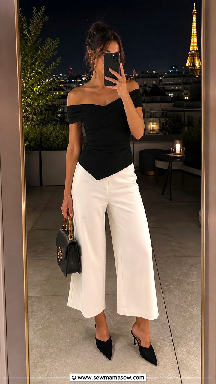 Cropped Wide Leg Pants with Off the Shoulder Top - 40 summer parisian outfits