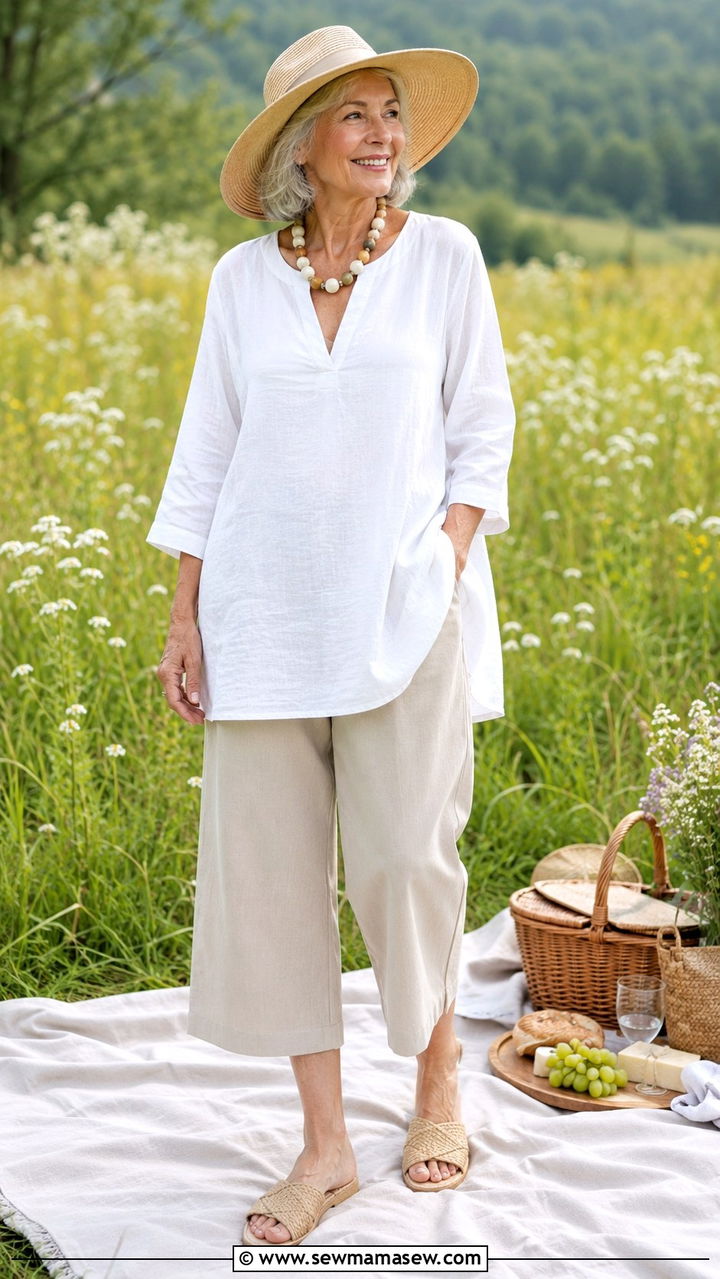 Cropped Wide Leg Pants with Tunic Top - 30 Picnic outfits for women over 60