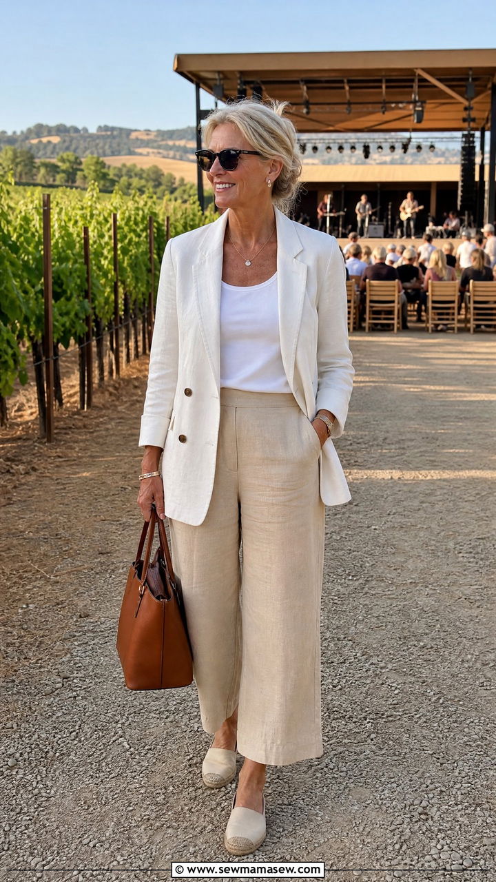 Cropped Wide Leg Pants with a Linen Blazer - 30 Concert outfits for women over 50