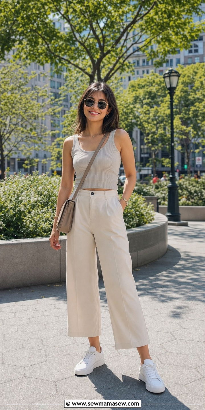 Cropped Wide Leg Trousers And Sneakers Brunch Look - 35 Brunch outfits for petite women