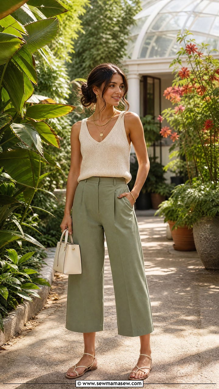 Cropped Wide Leg Trousers With A Fitted Knit Tank - 30 summer trousers outfit ideas