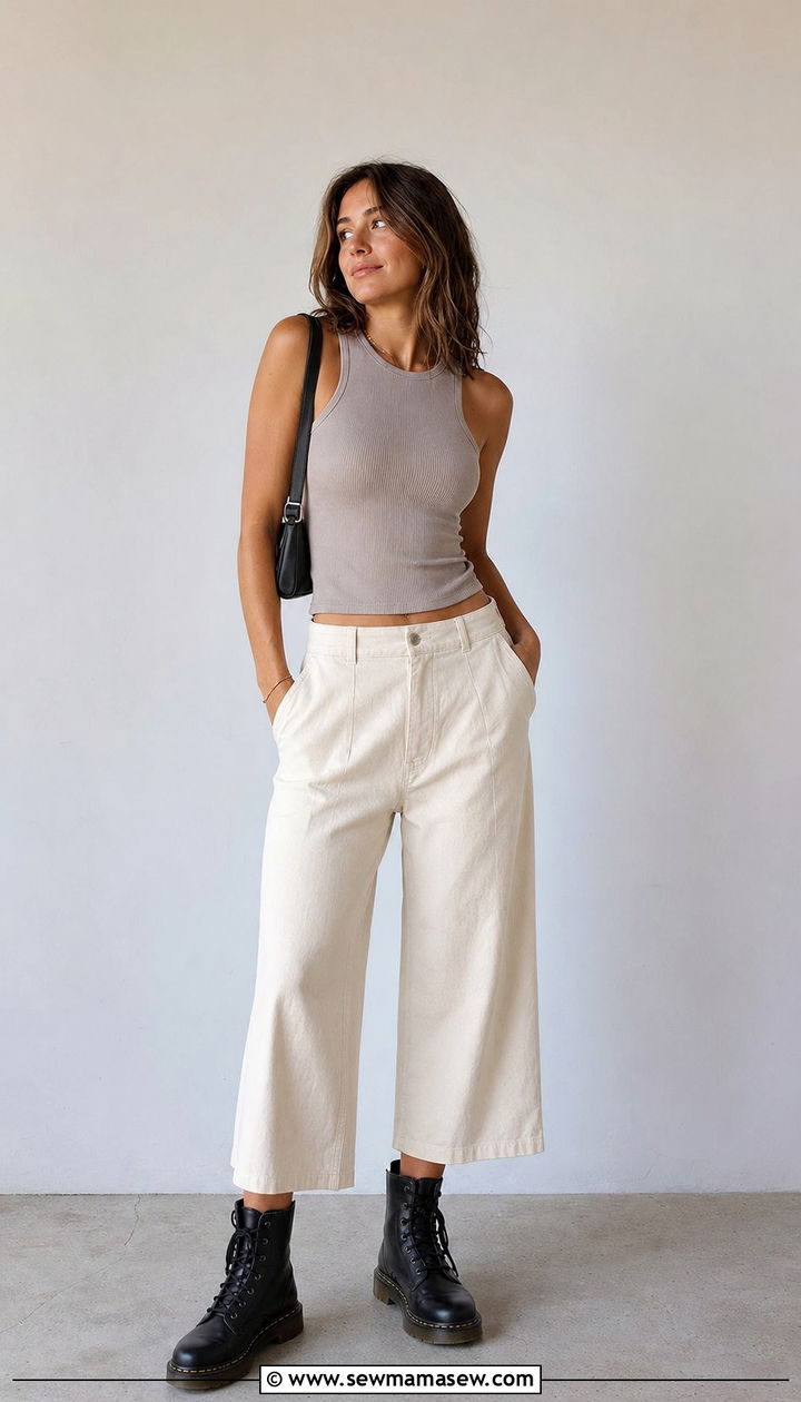 Cropped Wide Leg Trousers With Combat Boots - 25 Spring outfits with combat boots
