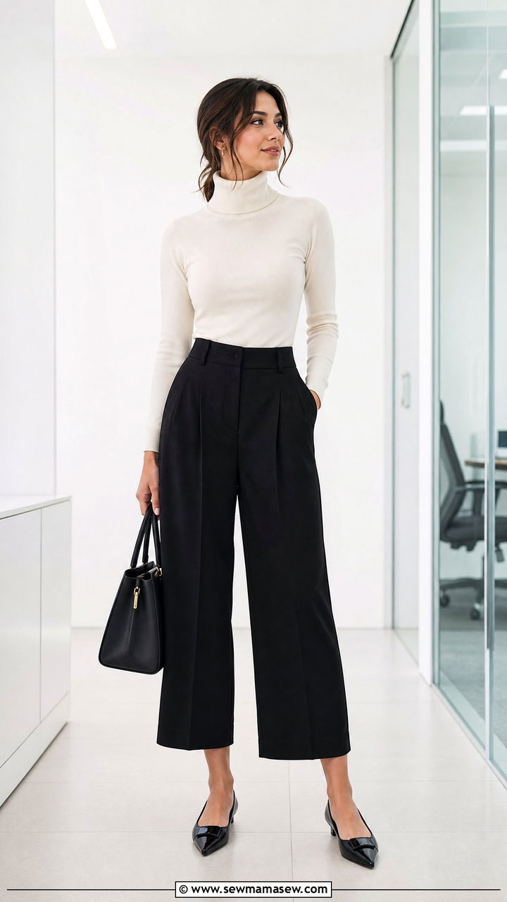 Cropped Wide Leg Trousers With Fitted Turtleneck And Pointed Flats - 35 Modern office outfit ideas