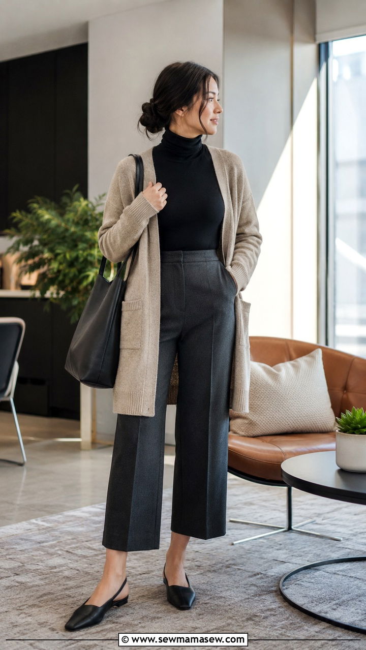 Cropped Wide Leg Trousers With Longline Cardigan Outfit - 30 modest office outfit ideas