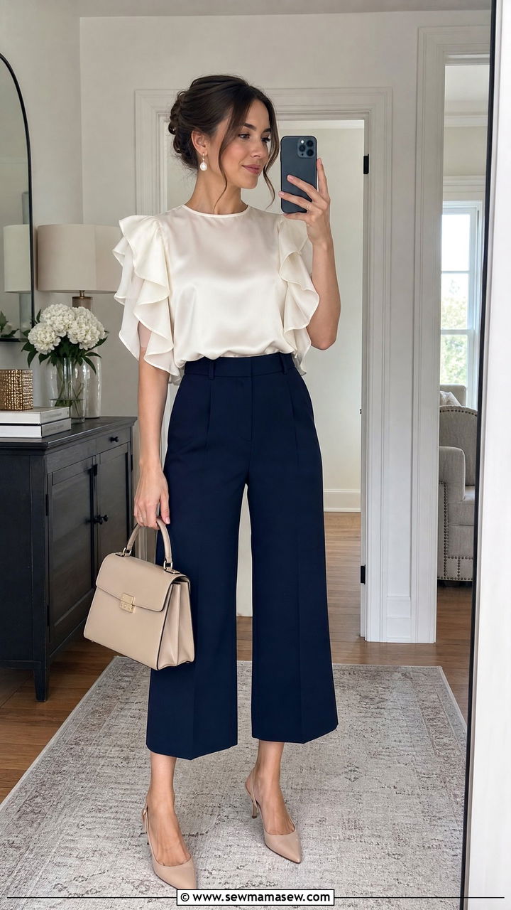 Cropped Wide Leg Trousers with Ruffle Sleeve Blouse - 35 Graduation outfits for guests