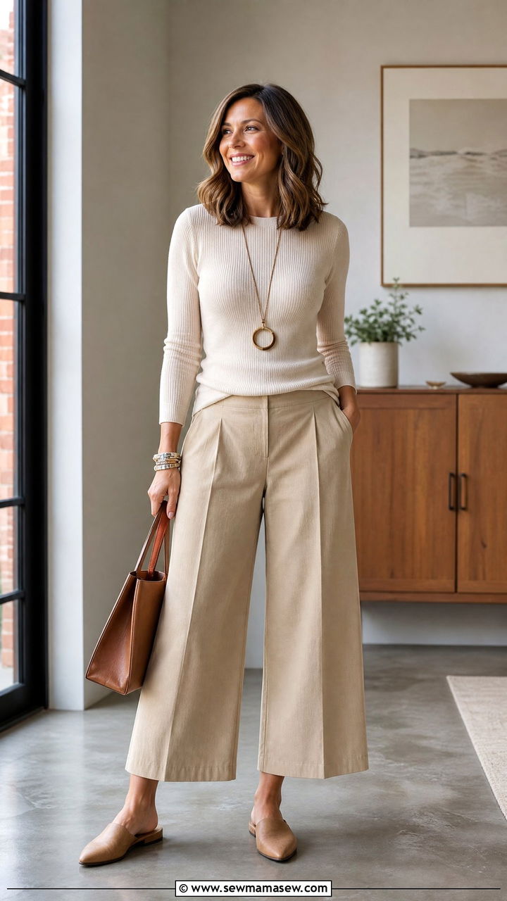 Cropped Wide Leg Trousers with a Knit Top - 30 everyday outfit ideas for women over 40