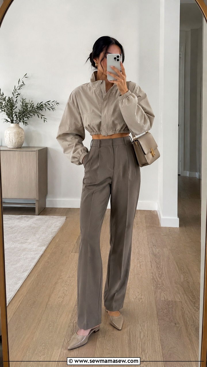 Cropped Windbreaker With High Waisted Trousers Outfit - 25 windbreaker outfits aesthetic