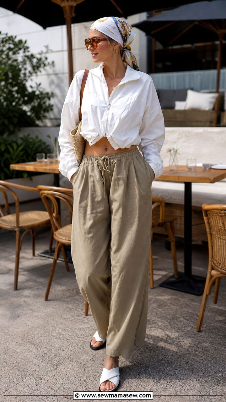 Cropped Windbreaker With Khaki Wide Leg Trousers - 40 summer scandinavian outfits