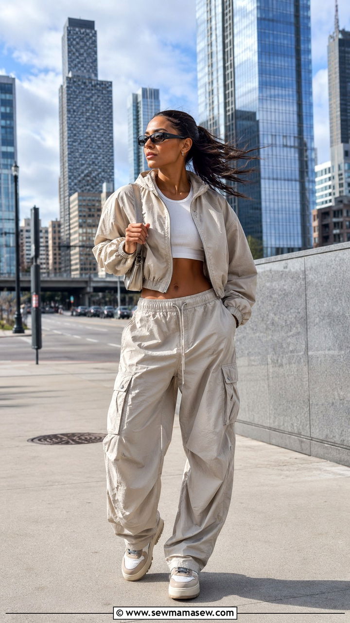 Cropped Windbreaker With Parachute Cargo Pants - 25 windy day outfits aesthetic