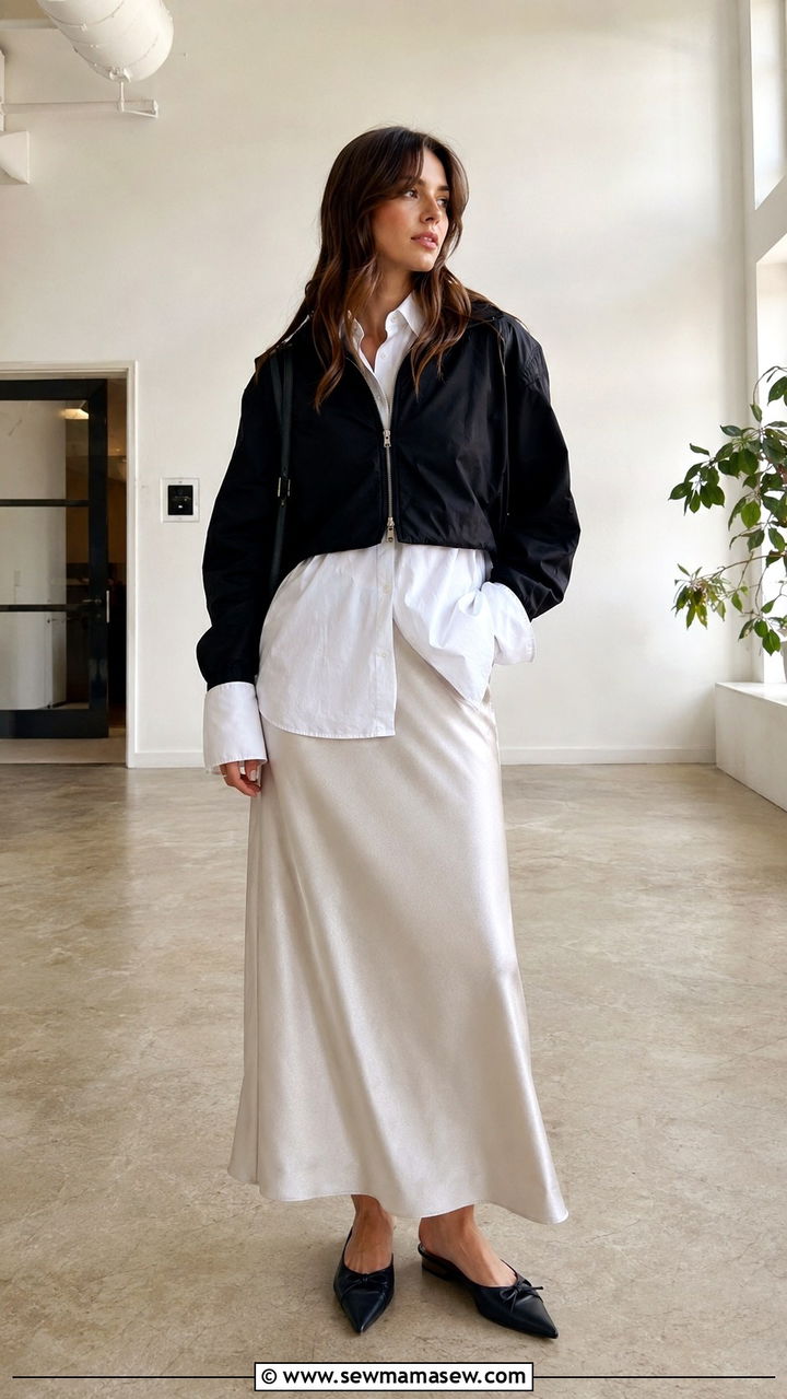 Cropped Windbreaker With Slip Skirt And Oxford Shirt - 30 casual windbreaker outfits