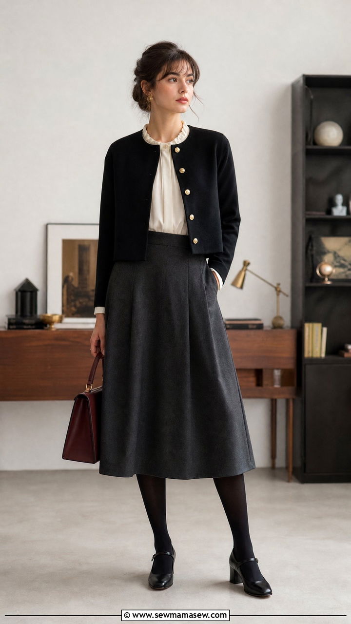 Cropped Wool Jacket and High Waisted Midi Skirt - 30 Dark academia work outfits