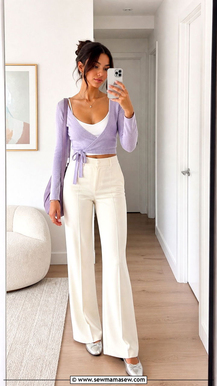 Cropped Wrap Cardigan With High Waist Pants Outfit - 40 Balletcore outfit ideas 2026