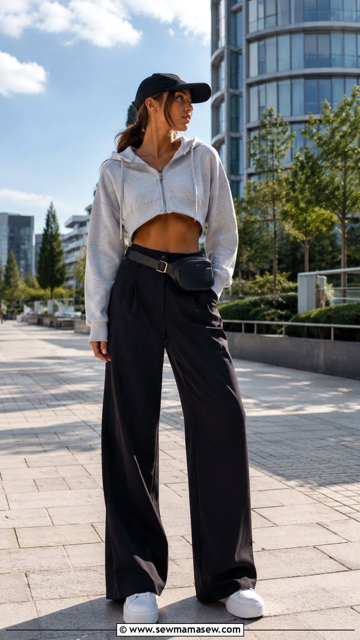Cropped Zip Up Hoodie With Black Wide Leg Pants and Platform Sneakers - 25 Wide leg black pants outfit ideas with a crop top