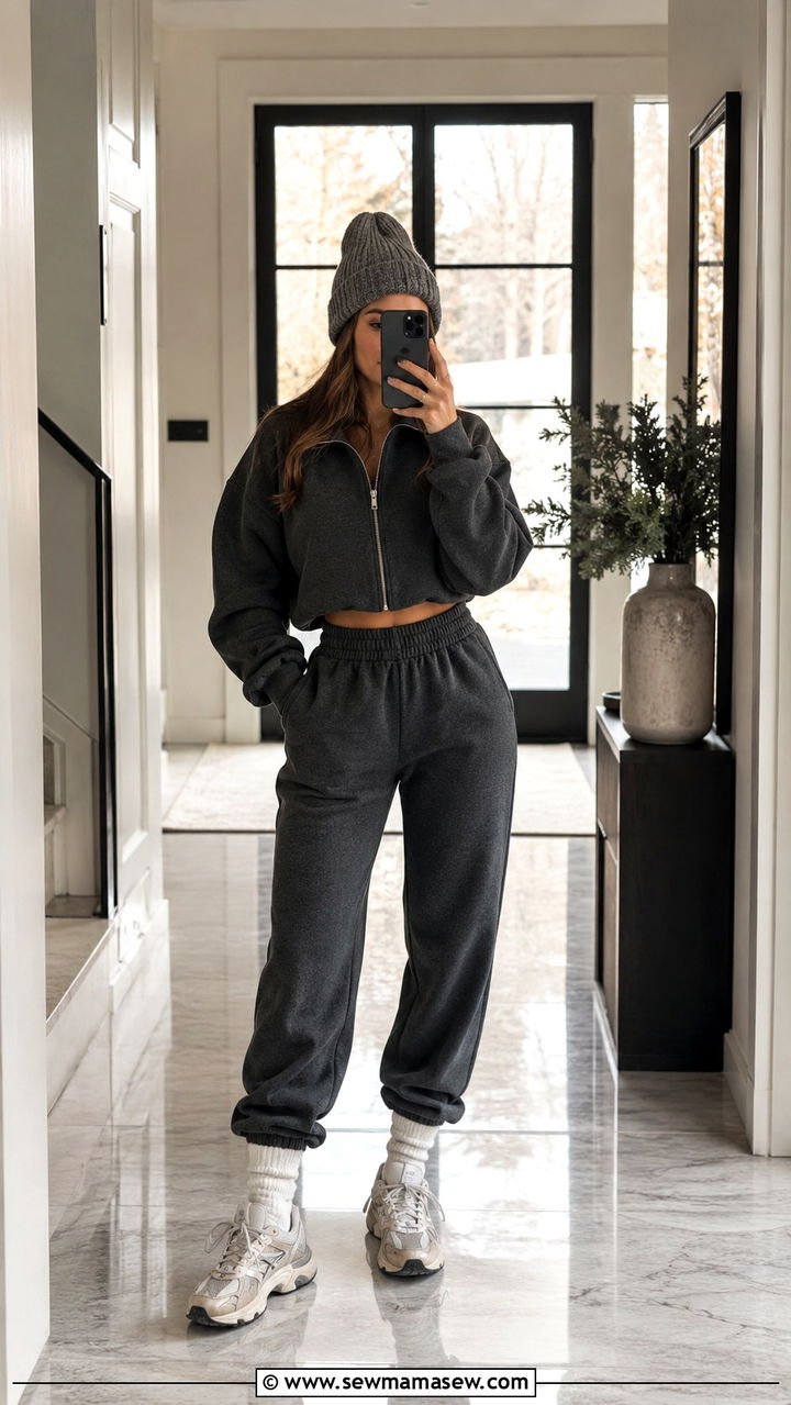 Cropped Zip Up Sweater and High Waisted Sweatpants - 25 Power walking outfit ideas