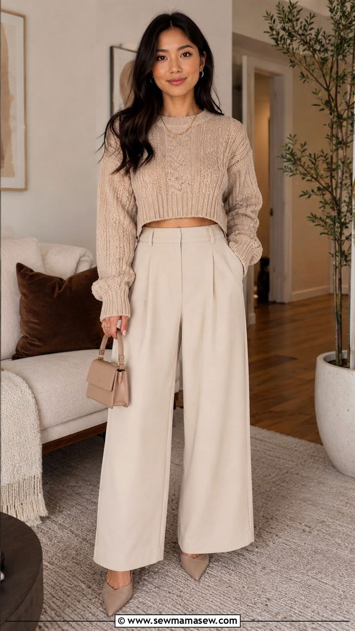 Cropped beige knit sweater with cream wide leg trousers - 25 Petite wide leg pants outfit ideas